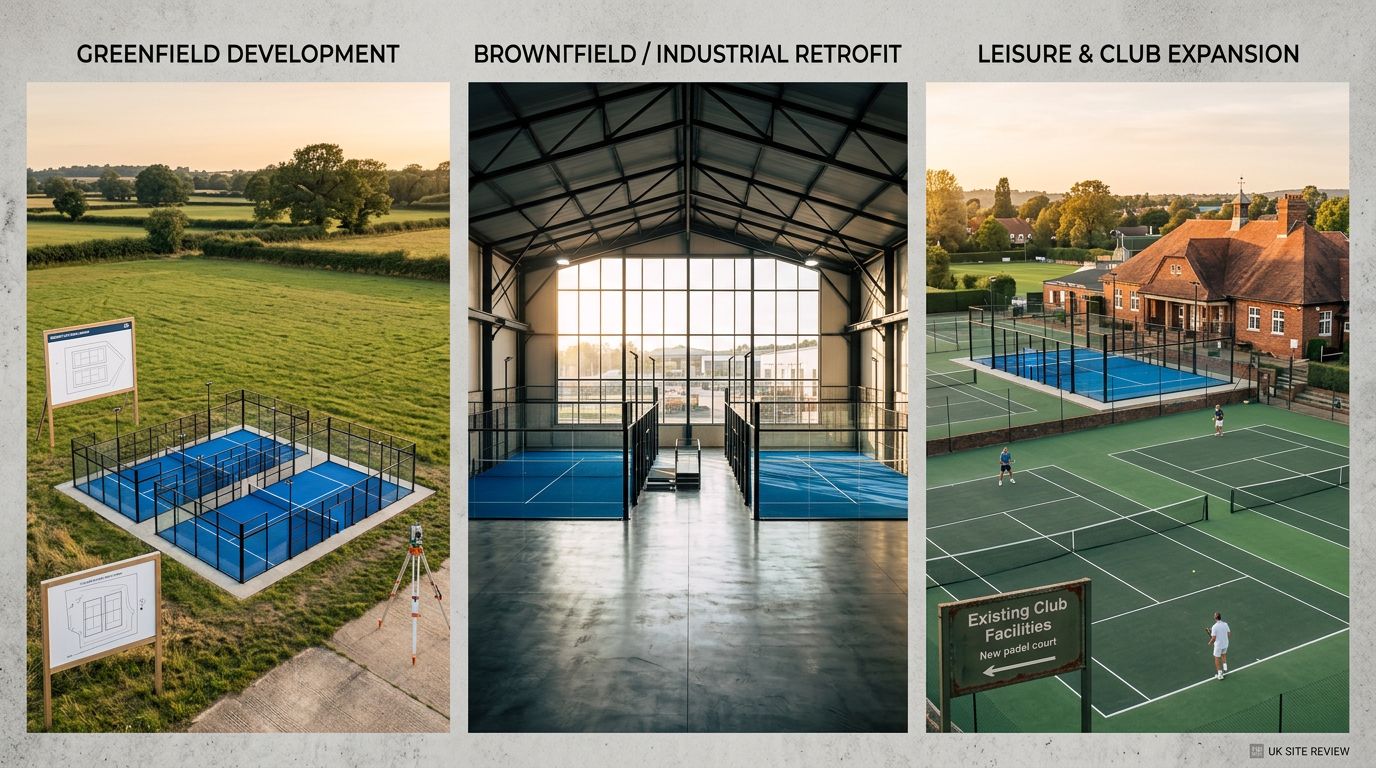 Three types of land suitable for padel development: greenfield field, industrial warehouse, and tennis club expansion