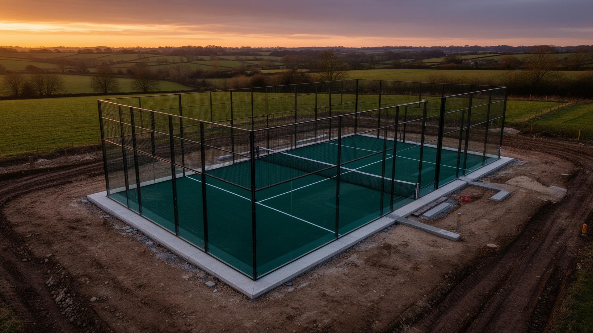 Completed outdoor padel courts in a UK countryside setting